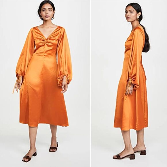 Staud Sofia Tangerine Orange Balloon Sleeve V Neck Satin Midi Dress Size 0 - Picture 1 of 12